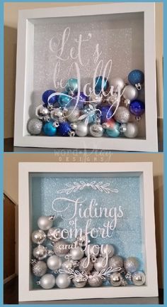 two boxes with ornaments in them and the words let it snow