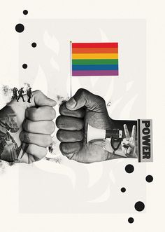 two hands holding a rainbow flag and people on the other hand with black dots around them