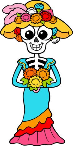 a skeleton wearing a colorful dress and hat with flowers on her head, holding a flower bouquet