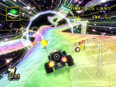 an image of a game with cars driving through the air and stars in the background