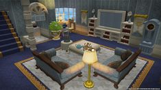 a living room filled with furniture and a lamp