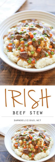 two plates with different types of food on them and the words, irish beef stew