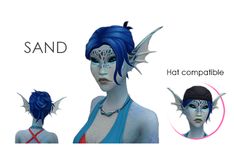 an image of a woman with blue hair and dragon wings on her head, in three different poses