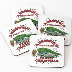 four coasters with the words christmas vacation written in red and green lettering on them