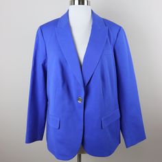 Absolutely Fabulous Jacket Made In Luxurious Fabric. New With Tag. Size 16wp. Royal Blue Color. One Gold Metal Front Button. Two Front Pockets. Back Vent Slit At Hem. Lapel Collar With Notches. Long Sleeves With 3 Metal Buttons. Note Buttons Are Covered With Paper Protectors. Fully Lined In 100% Polyester Beige Stripe Fabric. Length: 27" Sleeve Inseam: 17" 56% Cotton, 40% Rayon, 4% Spandex Dry Clean. Royal Blue Jacket, Stripe Fabric, Royal Blue Color, Absolutely Fabulous, Striped Fabrics, Blue Jacket, Metal Buttons, Lapel Collar, Luxury Fabrics