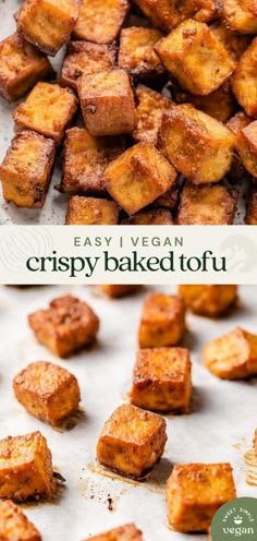 crispy baked tofu on a baking sheet with the words easy vegan written above it