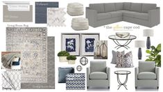 living room mood board with blue and gray accents, including couches, chairs, rugs, pillows, lamps, table