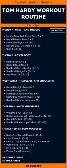 Tom Hardy Workout Routine 5 Day Gym Workout Plan, Calisthenics Weekly Routine, 5 Days Workout Plan, Rock Workout, 5 Days Workout Plan Men, Daily Workout Routine At The Gym, 5 Day Split Workout Routine