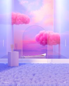 there is a pink cloud floating in the sky over an empty room with a mirror