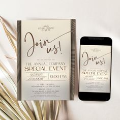 a phone next to an event ticket and palm fronds on a white background