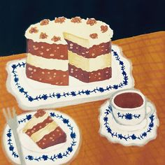 a piece of cake on a plate next to a cup and saucer