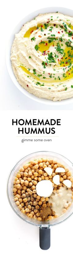 hummus in a bowl with the words homemade hummus on it and an image of hummus