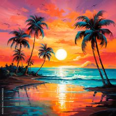 a painting of palm trees on the beach at sunset