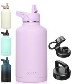 three different types of water bottles are shown in this image, one is pink and the other is blue