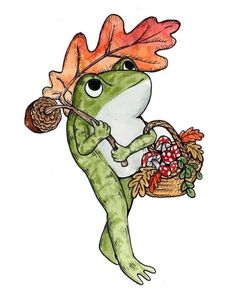 a frog holding a basket filled with autumn leaves and an acorn on it's back