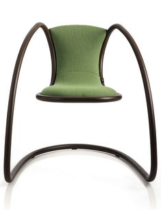 a green chair sitting on top of a metal frame with curved arms and backrests