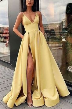 V-neckline Yellow Satin Long Prom Dresses with Pockets Yellow Evening Dresses, Satin Formal Dress, Trendy Prom Dresses, Winter Formal Dresses, Prom Dresses Yellow, Prom Dresses With Pockets, V Neck Prom Dresses, Satin Evening Dresses, Graduation Dresses