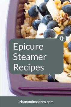 a purple container filled with blueberries, bananas and other foods that include cream cheese