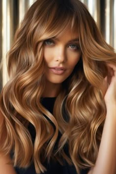 Golden caramel ribbons on long layers cascade beautifully, creating a luxurious and flowing look. The golden caramel highlights illuminate your layers, offering movement and a natural shimmer. Click here to check out more gorgeous caramel balayage highlights ideas to try. Brunette Balayage Hair Golden Blonde, Caramel Blonde Straight Hair, Warm Caramel Honey Hair, Caramel Blonde Hair Balayage, Auburn Bayalage, Warm Honey Blonde Hair Caramel, Autumnal Hair Colour, Honey Dark Blonde Hair, Golden Honey Blonde Hair Caramel