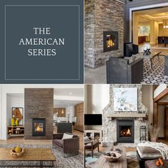 Collage of American wood burning fireplaces depicting a cozy ambiance in modern living spaces. Prefab Fireplace, Fireplace Options, Outdoor Fireplaces, American Series, Roasting Marshmallows, Winter Nights