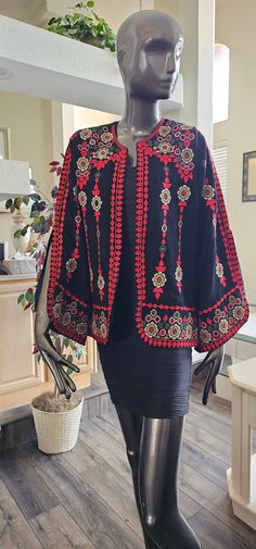 Embroidery Palestinian Jordanian Black base Jacket with Red Tatreez from font, Back & sleeves (Long embroidered Open Sleeves) Basic information: high quality Arab embroidered Jacket black base Jacket with red tatreez Condition : NEW Price : 95$ Size : 2 (Fits small Size) Bust: 42" Inches (Round) Sleeves Length: 23" Inches Shoulders: 16" Inches Jacket Length: 26.5" Inches Shipping : Free with USPS Priority Mail Shipping - No Returns & Exchange Accepted please review all photos along with reading this description , and If you have an issue with an item we can always talk and make sure your are satisfied. this is a beautiful lovely traditional item new handmade piece ,it is unavoidable . and satisfactory to use. this attractive piece related to Arabs women when they usually have normal day ou Western Formal, Open Sleeves, Textile Prints Design, Prints Design, Pattern Sewing, Open Sleeve, Arab Women, Embroidered Jacket, Textile Prints