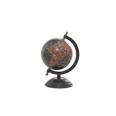 a small globe on a black stand with an intricate design in the center and gold accents