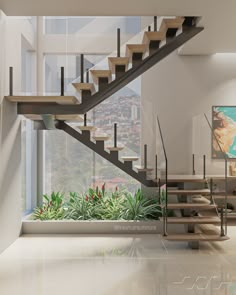 a staircase in a modern home with plants on the bottom and large windows above it