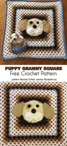 two crocheted squares with dogs on them