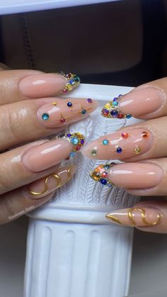 Gel X Nails Gold, Nails With Lots Of Gems, Different Types Of French Tips, Nail Rhinestone Placement, Nails With Jewels Rhinestones, Heart Nails Short, Nails With Red Heart, Heart French Tip, Nails With Red