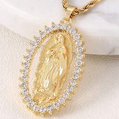 Brand New White Pendant Necklace With Rhinestones, Virgin Mary Jewelry, Mother Mary Necklace, Virgin Mary Pendant, Mary Necklace, Virgin Mary Necklace, Good Prayers, Mother Mary, Virgin Mary