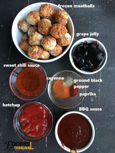 the ingredients to make an appetizer include meatballs, gravy sauce and bbq sauce