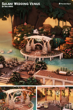 the wedding venue is set up in a miniature garden