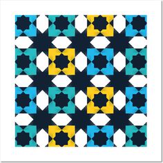 a blue, yellow and white pattern with squares