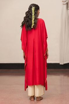 Red asymmetric kaftan featuring a V neck and kaftan sleeves. Paired with organza silk pant with scallop border detailing., Fit: Relaxed Red Kaftan, Kaftan Sleeves, V Neck Kaftan, Scallop Border, Silk Pant, Silk Pants, Embroidered Silk, Pant Set, Set For Women