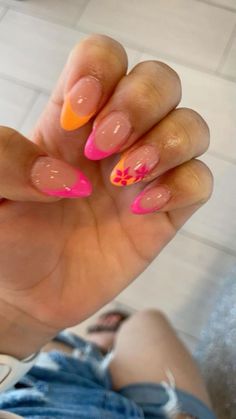 cute pink and orange flower nail inspo Trendy Nails Orange And Pink, Pink Nails With Orange Flowers, Pink And Orange Nails Flowers, Nails For Bali Trip, Summer Nails Flowers Simple, Cute Florida Nails, Pink French Tip Nails With Flower, Bali Nails Design, Pink And Orange Flower Nails