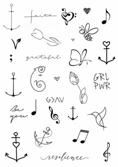 tattoos with different designs and symbols on them, including hearts, arrows, flowers, birds, and music notes