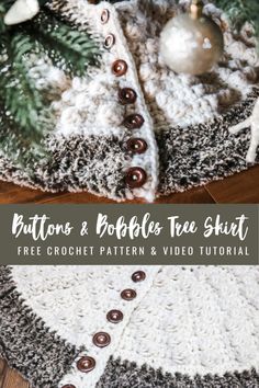 a crocheted christmas tree skirt with buttons on it