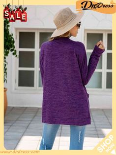 Open Front Long Sleeve Cardigan Purple Cardigan For Fall Layering, Casual Open Front Top In Solid Color, Casual Long Sleeve Purple Cardigan, Purple Long Sleeve Casual Cardigan, Casual Purple Long Sleeve Cardigan, Casual Open Front Top For Fall, Casual Purple V-neck Outerwear, Oversized Purple Casual Cardigan, Winter Purple Tops With Pockets