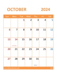 a calendar with the month of october in orange and white, on a white background