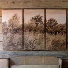 three paintings are hanging on the wall above a couch in front of a wood paneled wall