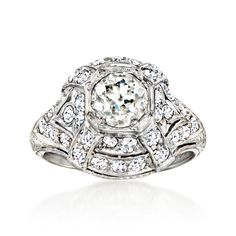 Ross-Simons - C. 1950 Vintage 1.60ct t. w. Diamond Filigree Ring Round Cut in Platinum. Size 5. C. 1950. Dating back to the Retro-era of design, this unforgettable Estate collection ring features a stunning .80 carat round Old European-cut diamond amid a high-profile filigree design lit by an additional .80 ct. t. w. round diamonds. A true heirloom-quality treasure, to be sure! Finely crafted in textured and polished platinum. 1/2" wide. Diamond filigree ring. Exclusive, one-of-a-kind Estate Jew Retro Era, 1950 Vintage, Diamond Birthstone, Filigree Design, Jewelry Rings Diamond, European Cut Diamonds, Filigree Ring, Vintage Diamond, Estate Jewelry