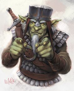 a painting of an elf holding a wrench and pointing to the side with both hands