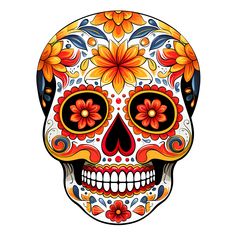 a sugar skull with flowers on it's head and eyes, painted in bright colors