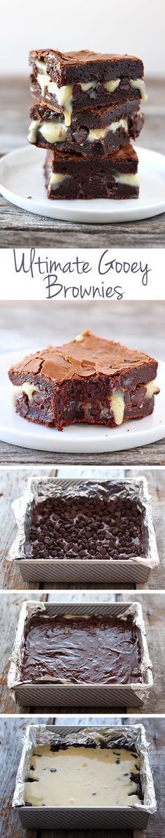 three different types of chocolate brownies on white plates