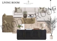 the living room is decorated in neutral tones