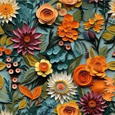 paper flowers and leaves are arranged on a blue background with oranges, yellows, and pinks