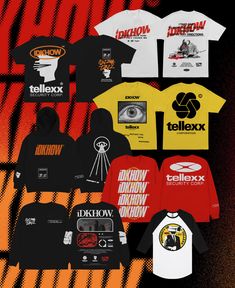 various t - shirts and hoodies are displayed on a black background with orange stripes