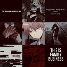 an anime collage with the caption'this is family business'in black and white