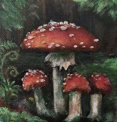 an oil painting of three mushrooms in the forest with green grass and trees behind them