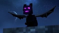 an animated image of a cat with glowing eyes and wings in front of the night sky